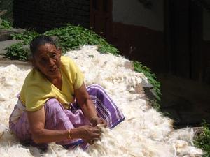 Femme gurung triant de la laine de chevre -Tatopani-