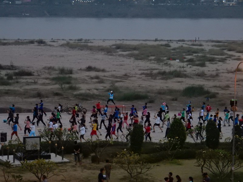 Public aerobic course at riverfront in Vientiane 