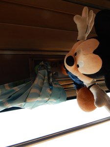 Mickey blocking the airco in the bus