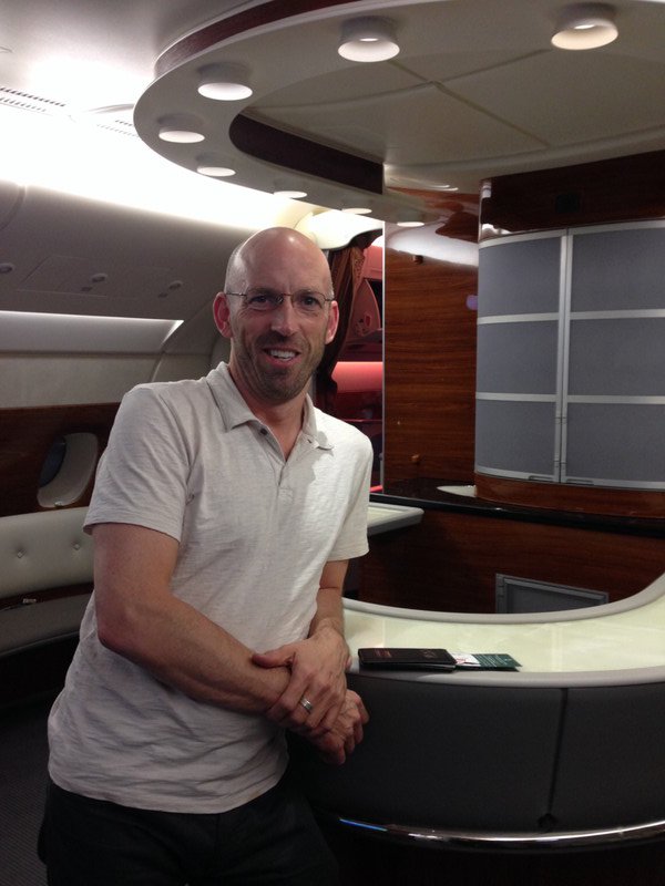 Me in the business class lounge on the upper deck of an EK A380