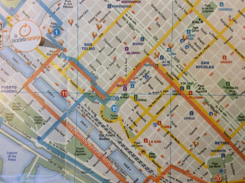 Bike map, organge and blue lines are bike tour
