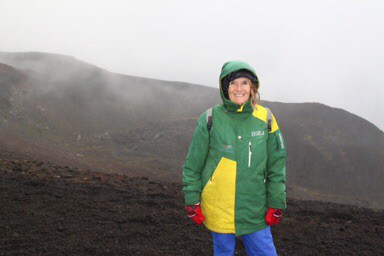 Dressed for a wet hike on the volcano 