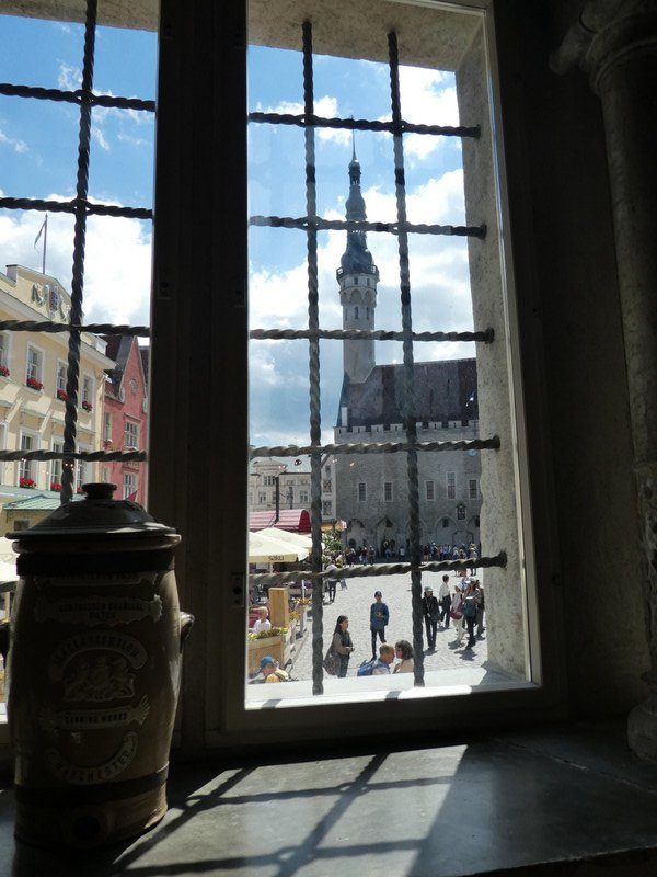 View of town square through oldest drug store window