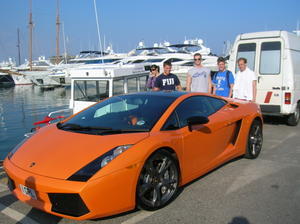 Me, Adam, Tyler, and Peter next to an amazing Lamborghini