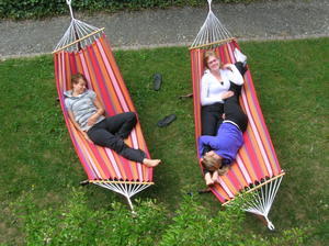 Monica, Meggie, and Jacqueline relaxing at the hostel