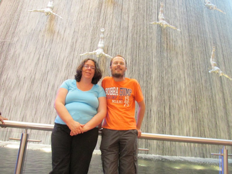 Heather and Ed in front of the Dubai Mall Waterfall, taken by Zachary