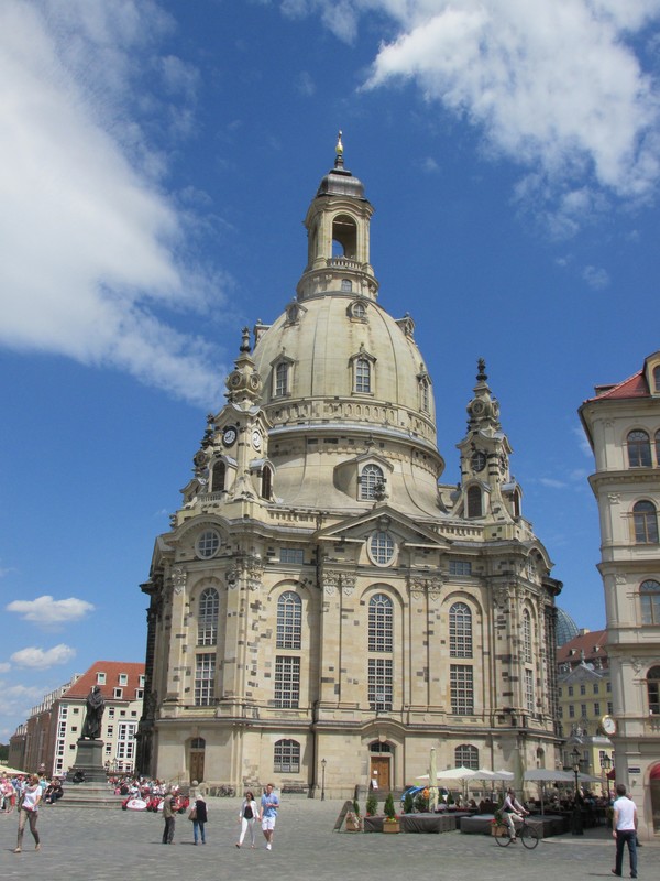 The Frauenkirche in Dresden. The dark stones you can make out are from the original building.