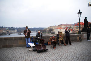 A street band performs on the bridge