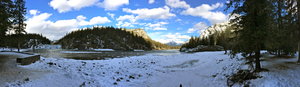 Panorama of Bow Falls and river disappearing into Mountains