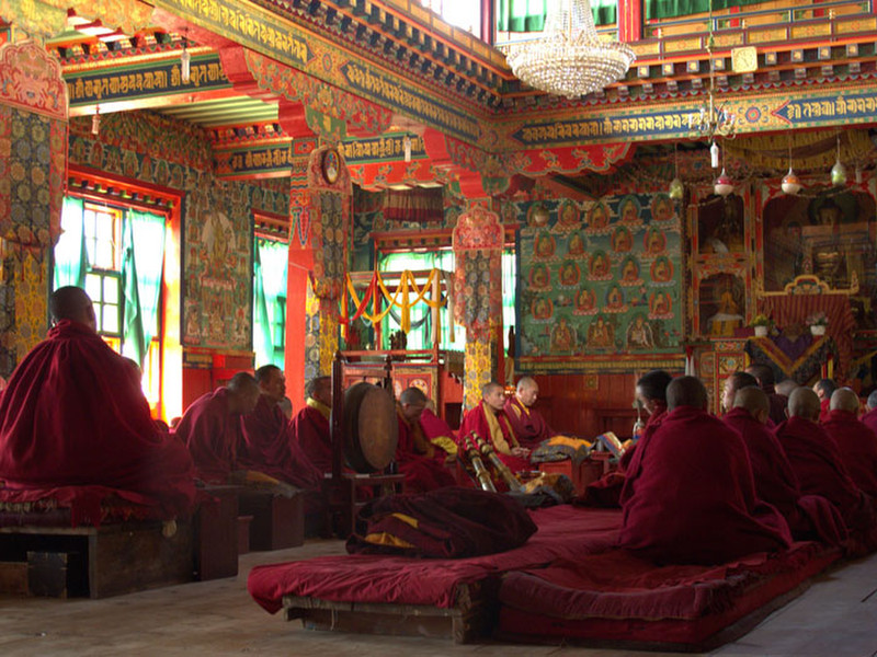 Monks Performing Puja in Thupten Chholing Gompa