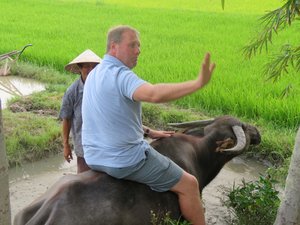 Tom braving a journey by water buffalo