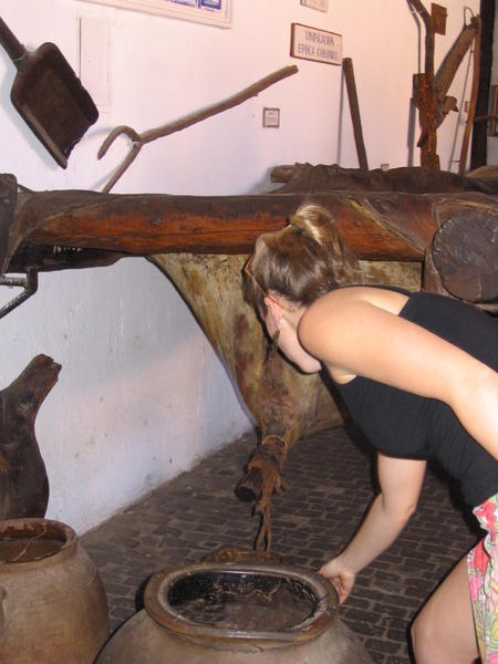 Irene checking out the old leather skin press