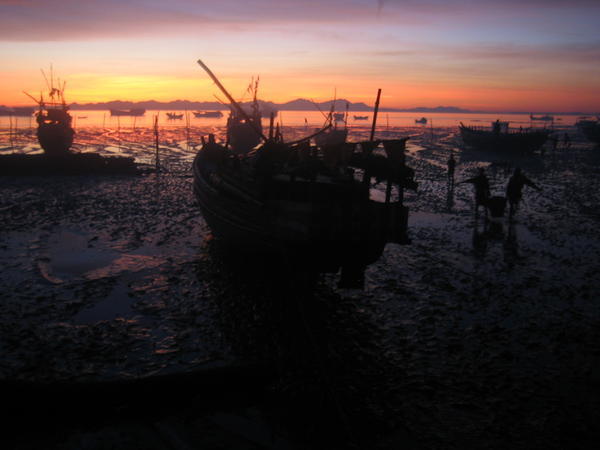 sunrise, fishing village, Sittwe