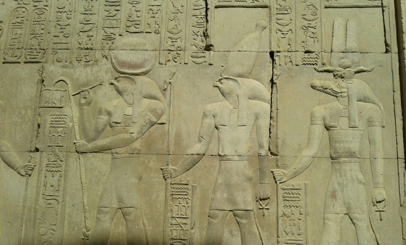 Sobek the crocodile god is seen here on the right with Horus the falcon god, at Kom Ombo