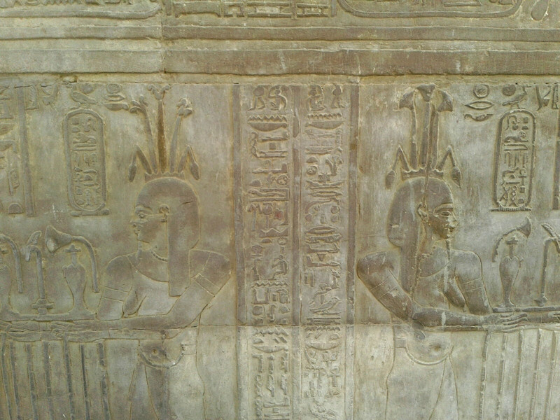 Kom Ombo wall relief detail. Flower on the left is the lotus, symbol of upper Egypt and on the right is the papyrus Reed, symbol of lower Egypt