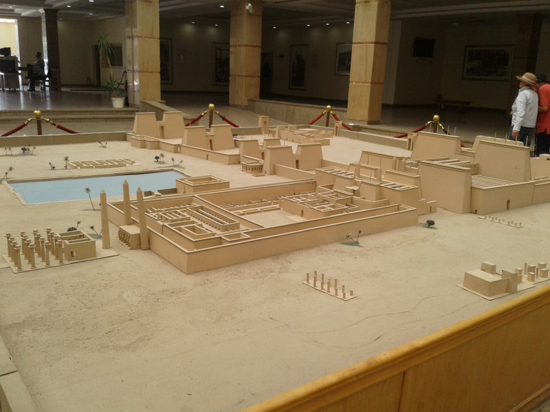 further section of scale model of Karnak temple with the ceremonial lake and obelisks in one section