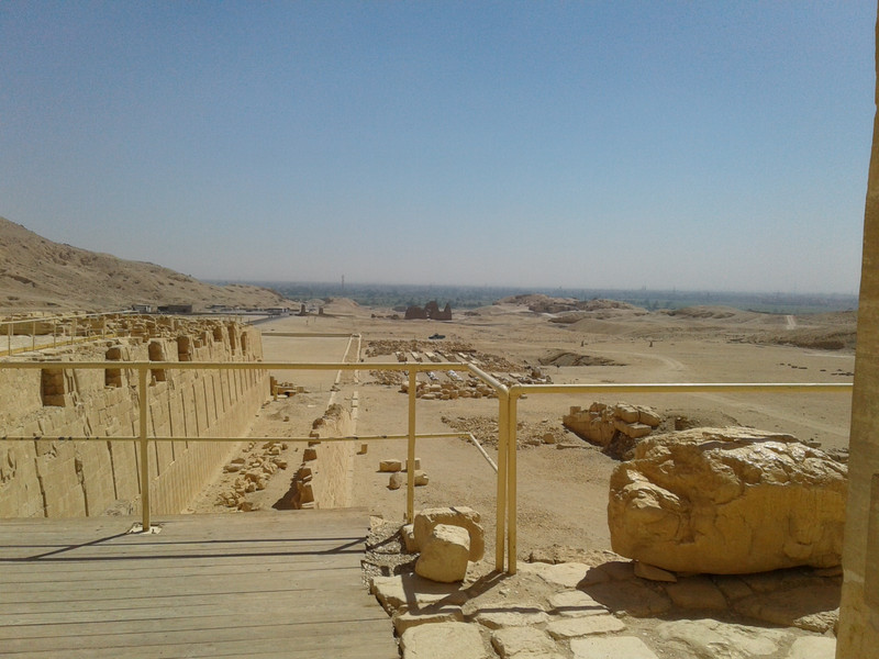 The Nile flows between the Necropolis valley here, and the distant bank with the Luxor temples. 
