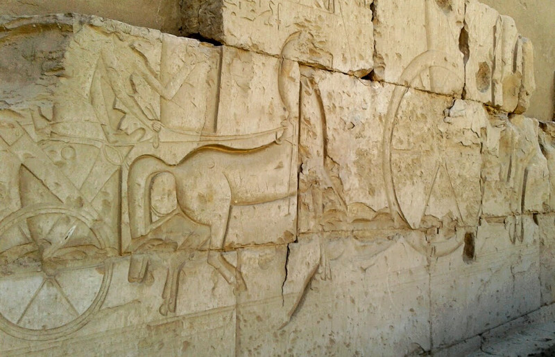 Horse drawn chariot as part of the story of Pharaohs conquest etched at Abydos