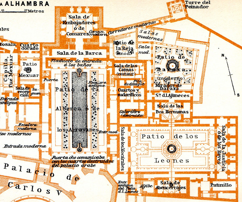 Alhambra plan shows the balance in layout with connections between the Palaces of Mexuar, Comares and the Lions