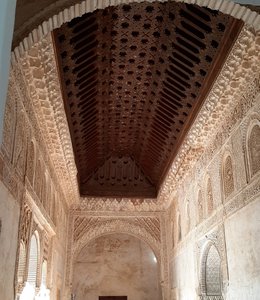 Marquetry in the boat shaped ceiling of the Emir's Throne room dubbed Sala de Barca or the Boat room