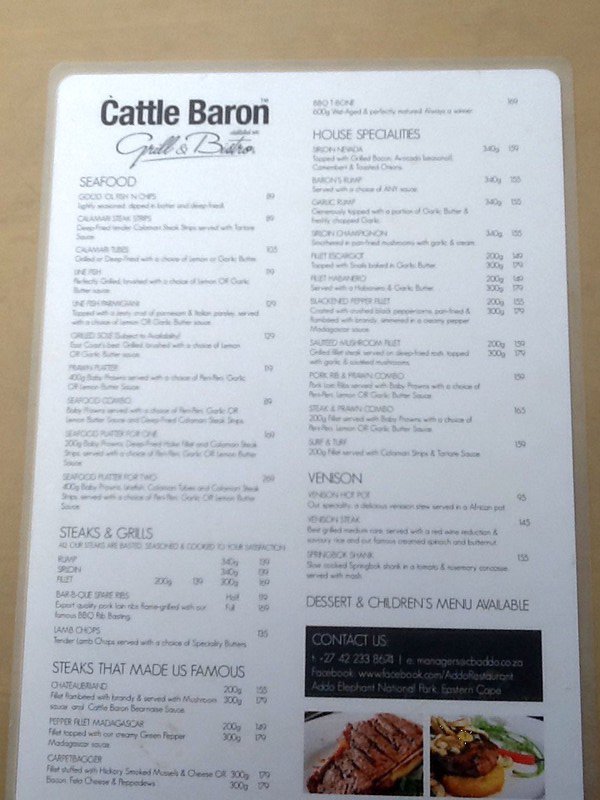 Menu card for the Cattle Baron Restaurant 