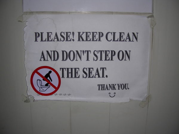 Warning for those who only know how to squat to not stand on the toilet seat!