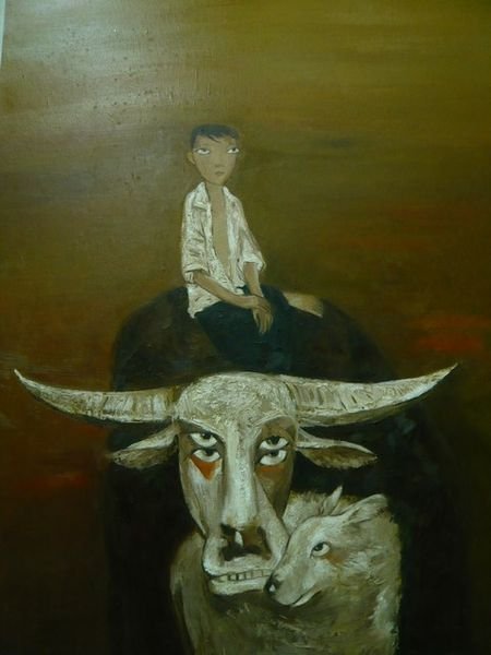A painting of Buffalo and Boy