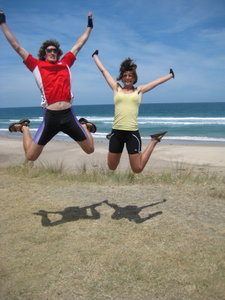 Woohoo! Jump for joy in Makarori. Two working bikes, on the way back up the coast from Gisborne to Tolaga Bay