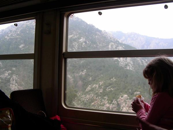 a girl on the corsican train ride through the mountains