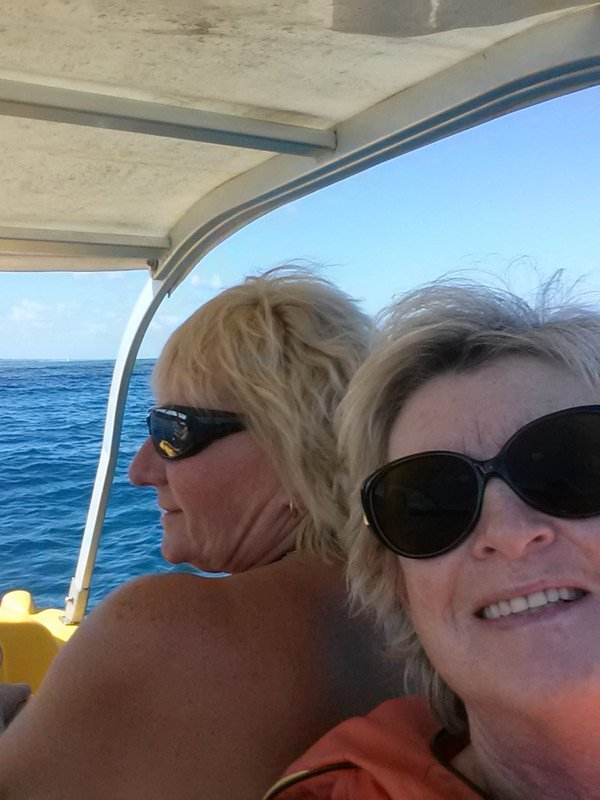 Lyn and Pam on the pedal boat