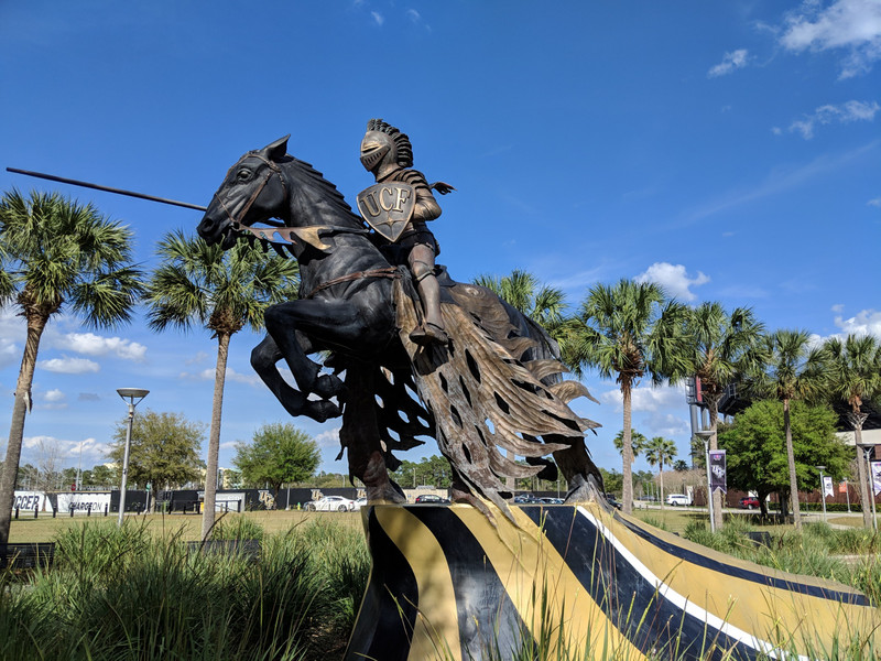 The UCF Knight in front of Spectrum Stadium
