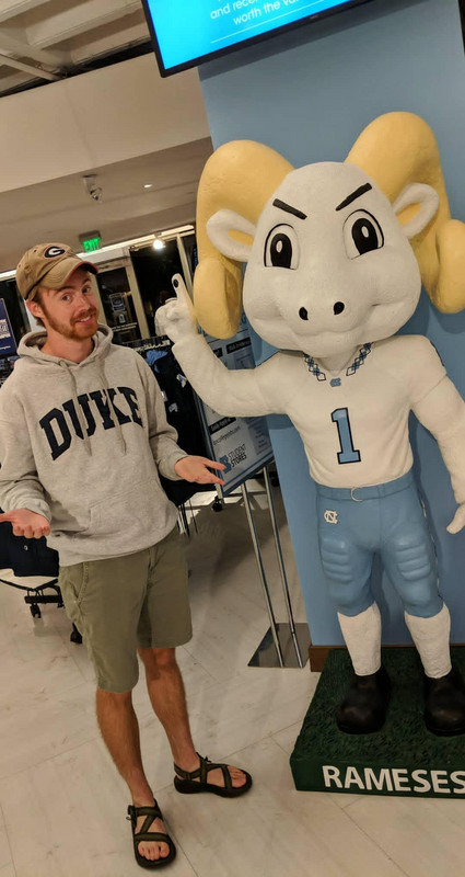 He loves to pose with inanimate objects in campus bookstores (UNC here)