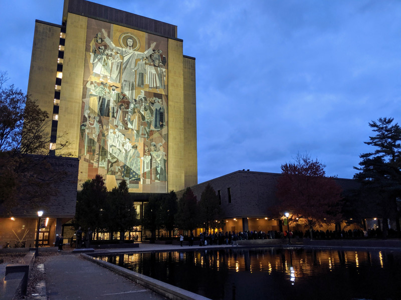 Touchdown Jesus all lit up at night