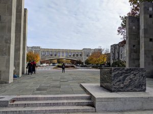 Looking back to the student center from the war memorial