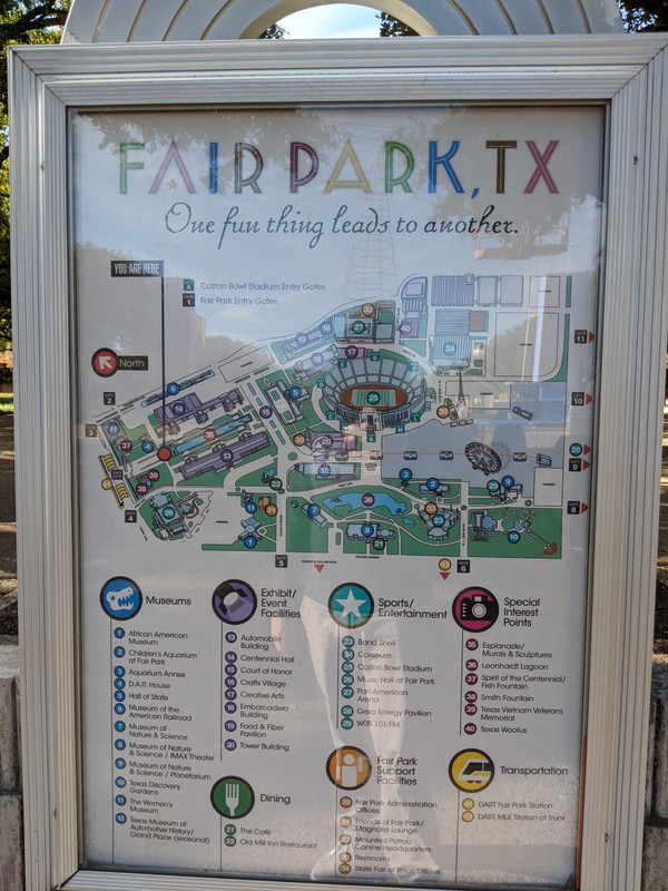 Convenient map of Fair Park between the entry and the Esplanade