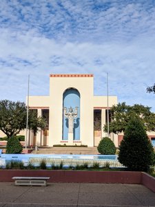 Sculpture between porticoes of the Centennial Pavilion