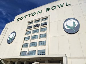 Side angle of the front of Cotton Bowl Stadium