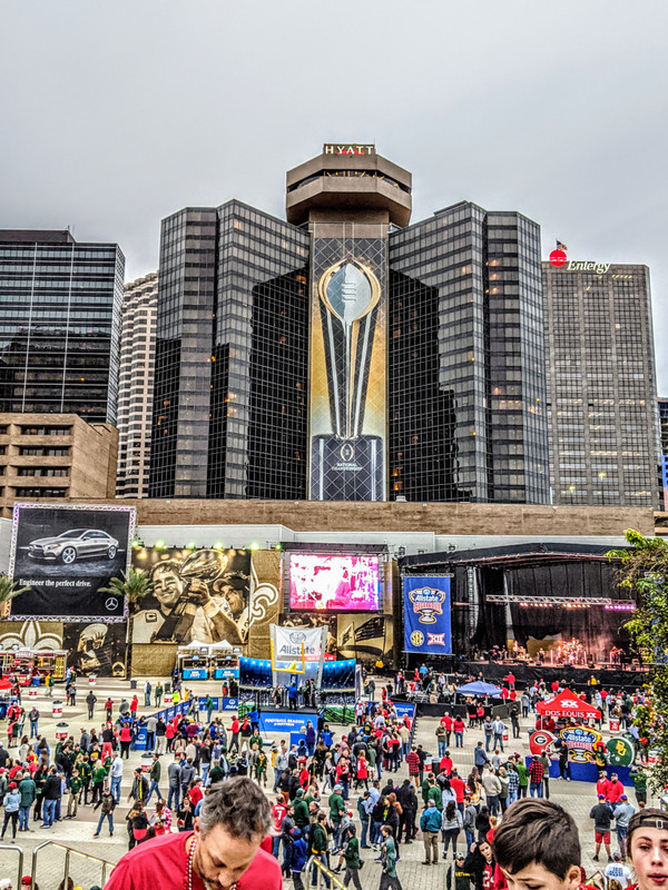 The Fan Fest plaza (and huge National Championship trophy image)