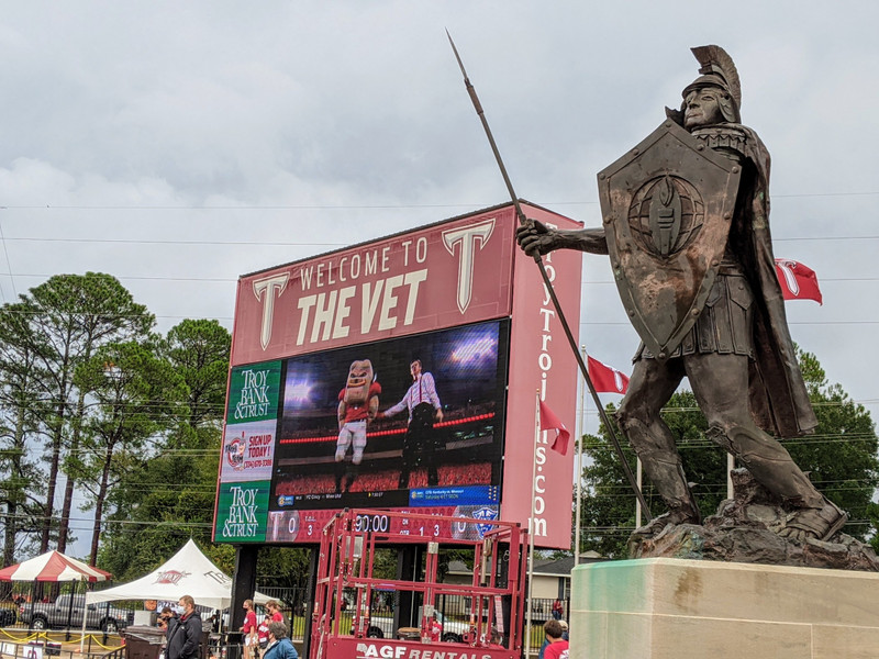 Trojan statue and scoreboard in "The Vet" (also Go Dawgs)