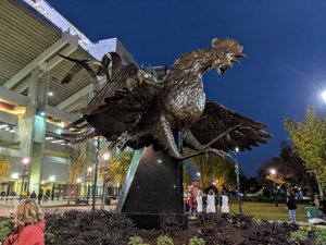 The newly installed Gamecock statue outside the stadium
