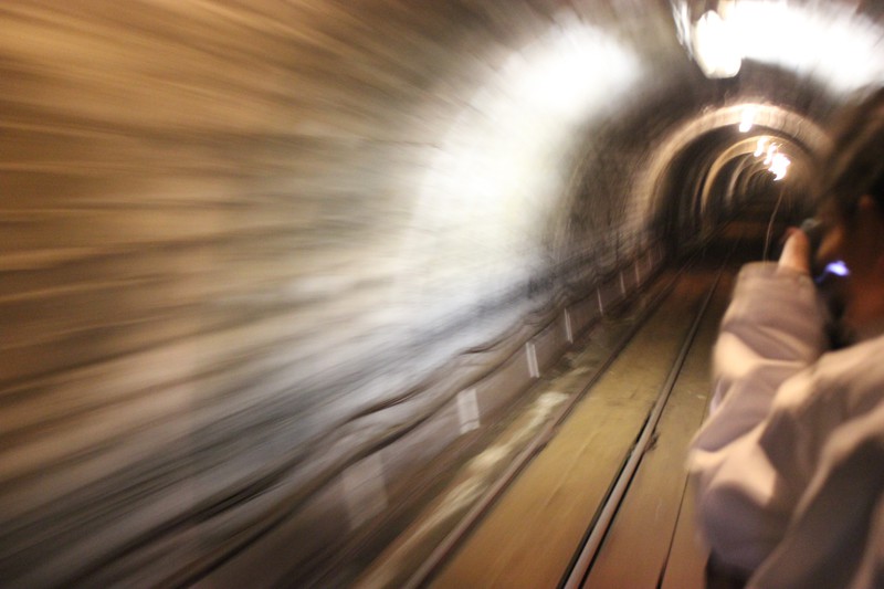 Riding the underground train at the Salt Mine