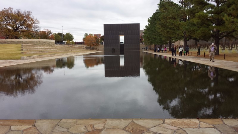 reflecting pool and 9:01 arch at the Oklahoma City bombing memorial