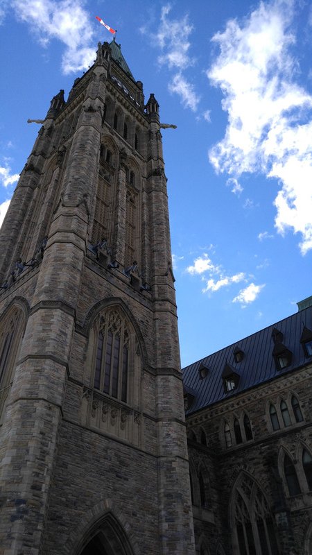 Looking up the main tower of the Parliament building in Ottawa