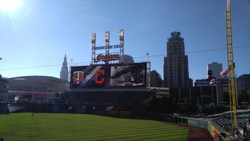 Outfield, scoreboard, and Cleveland skyline