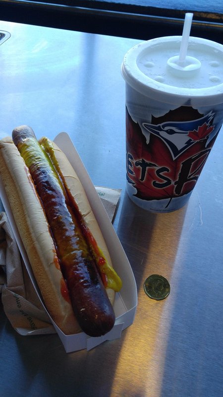 That is a foot-long hot dog, with a dollar coin for comparison
