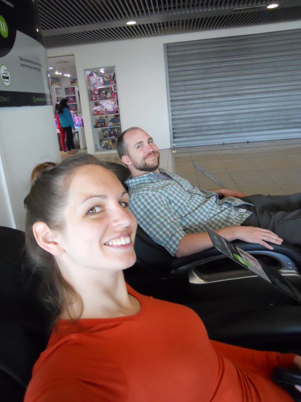 Trying out the automatic 'Shiatsu Massage' chairs in Santiago airport...