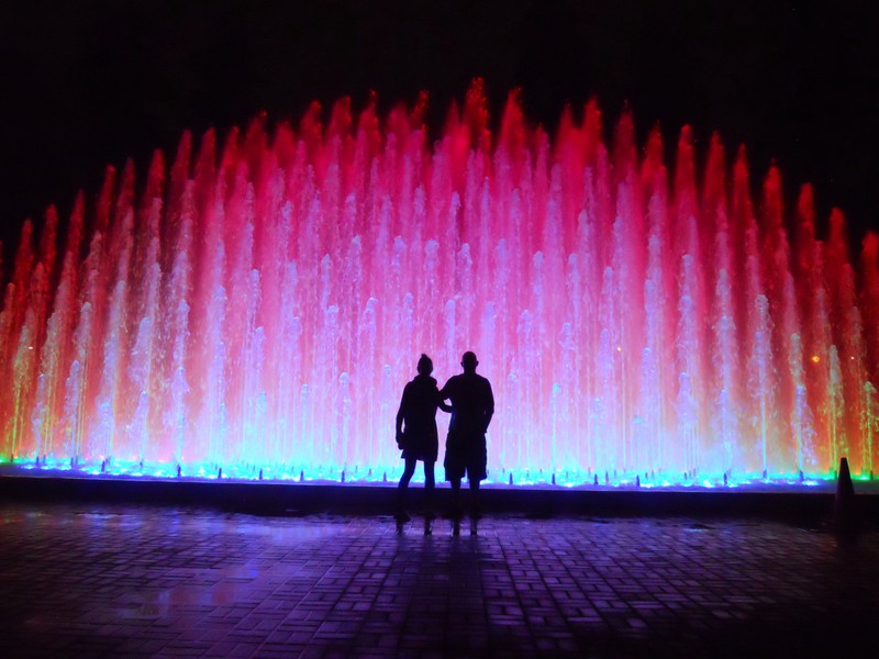In front of the rainbow fountain at Lima's 'Circuito Magico del Agua'