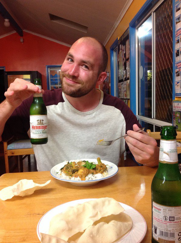 Fish curry + beers = happy kids