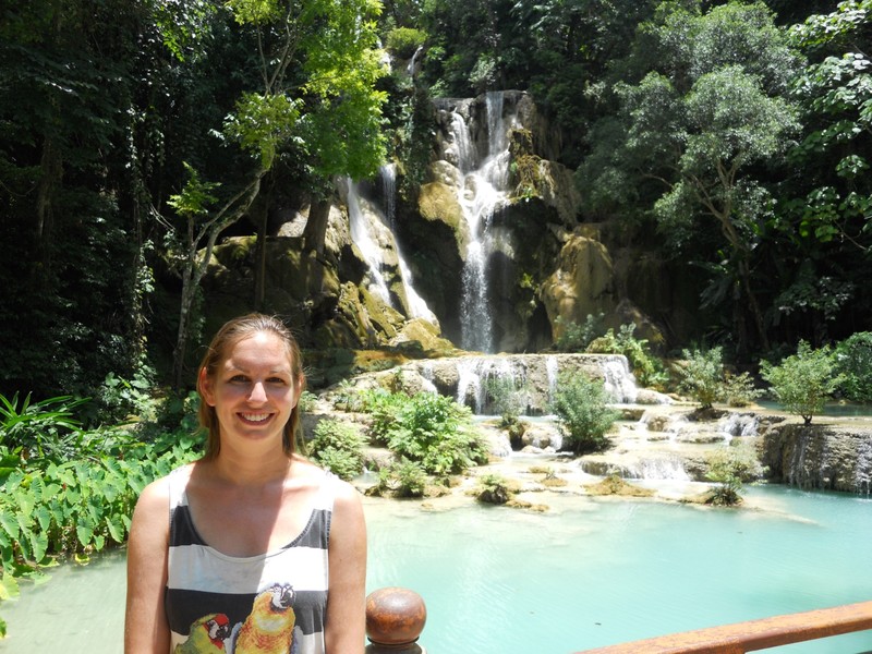 Sarah in front of the top waterfall - it looks much grander in real life!