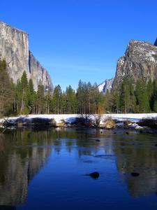 Classic view of Yosemite with Half Dome to the right and El Capitan to the left